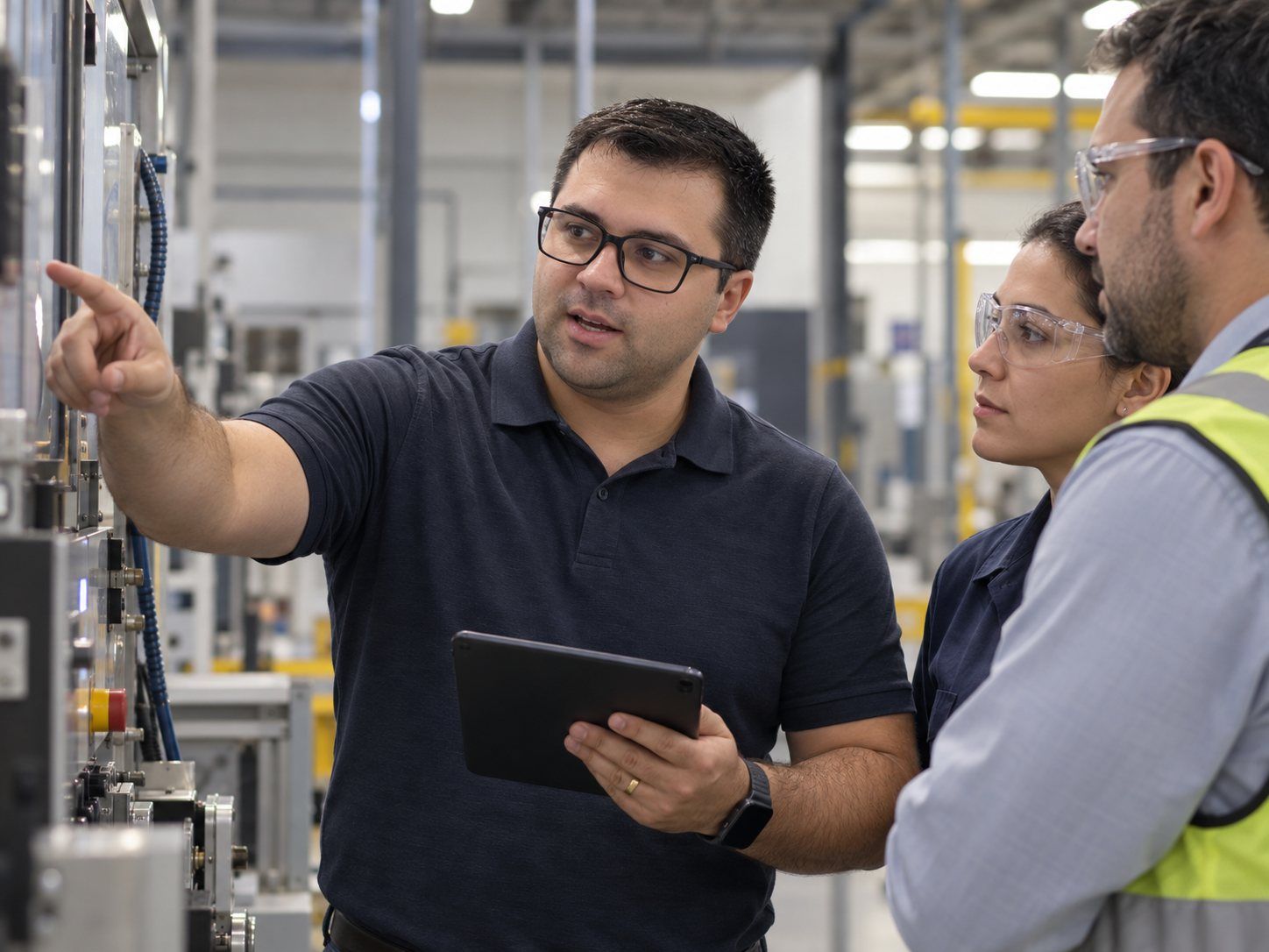 Lucas Lourenço orientando a equipe de produção diante de uma linha automatizada