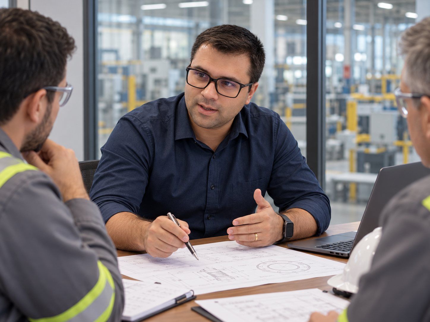 Lucas Lourenço analisando desenhos técnicos com a equipe de um cliente